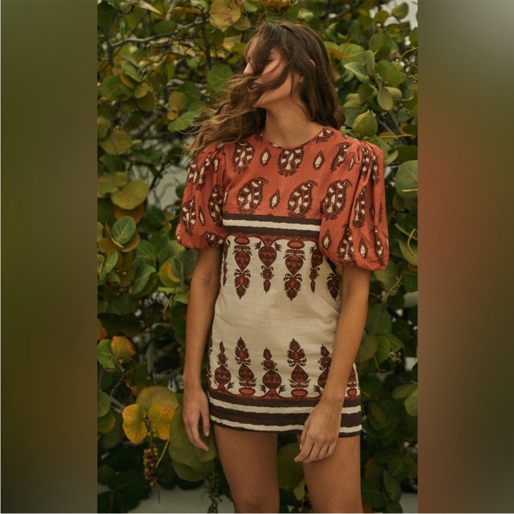 Johanna Ortiz Rust and Cream Printed Mini Dress